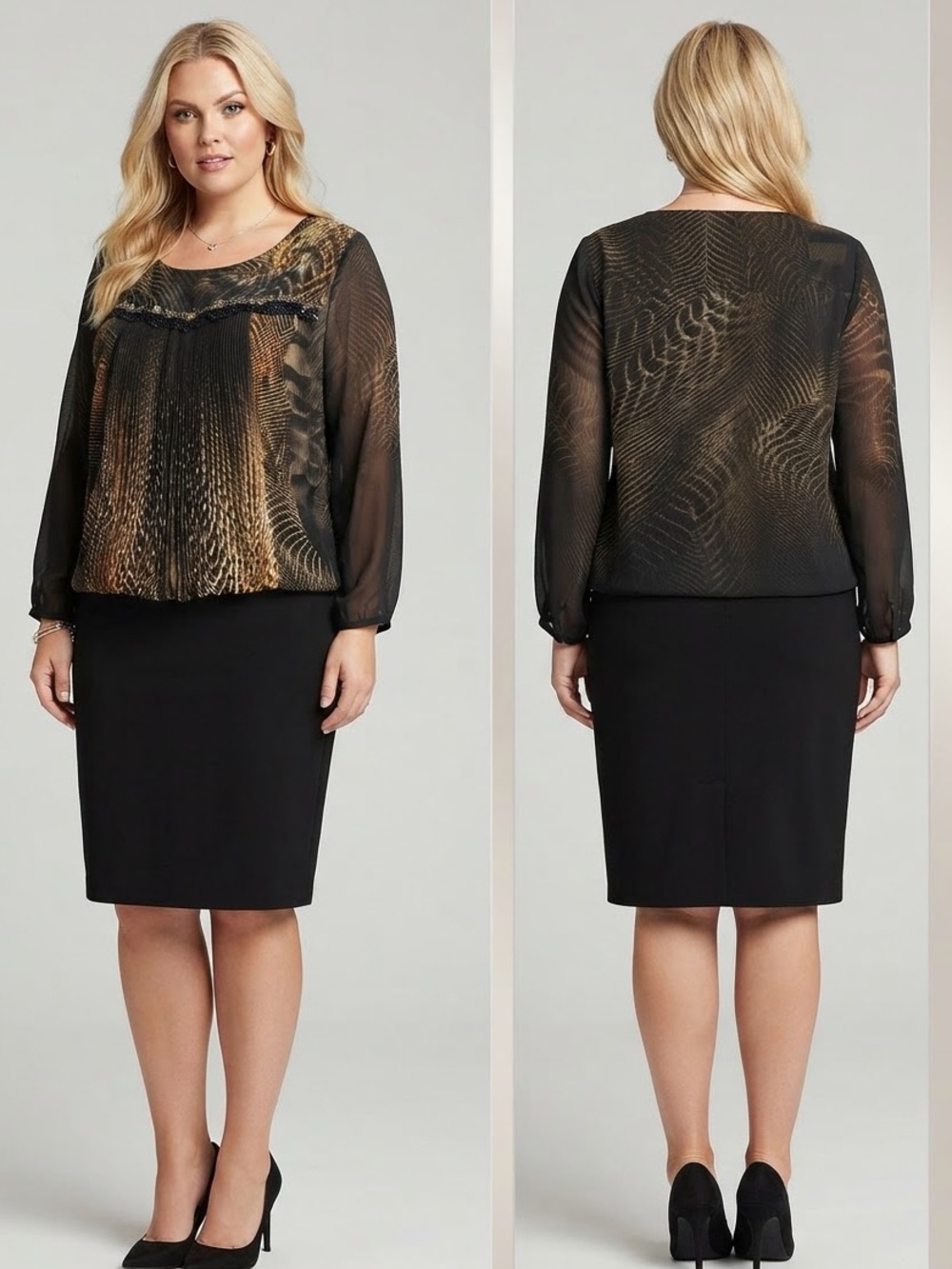 NWT PLUS SIZE FORMAL DRESS CHIFFON LOOSE TOP/STRETCHY BOTTOM LONG SLEEVES LINED‎